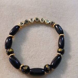NWT Handcrafted Men's Name "Anthony" Black and Gold Wood Beaded Bracelet.